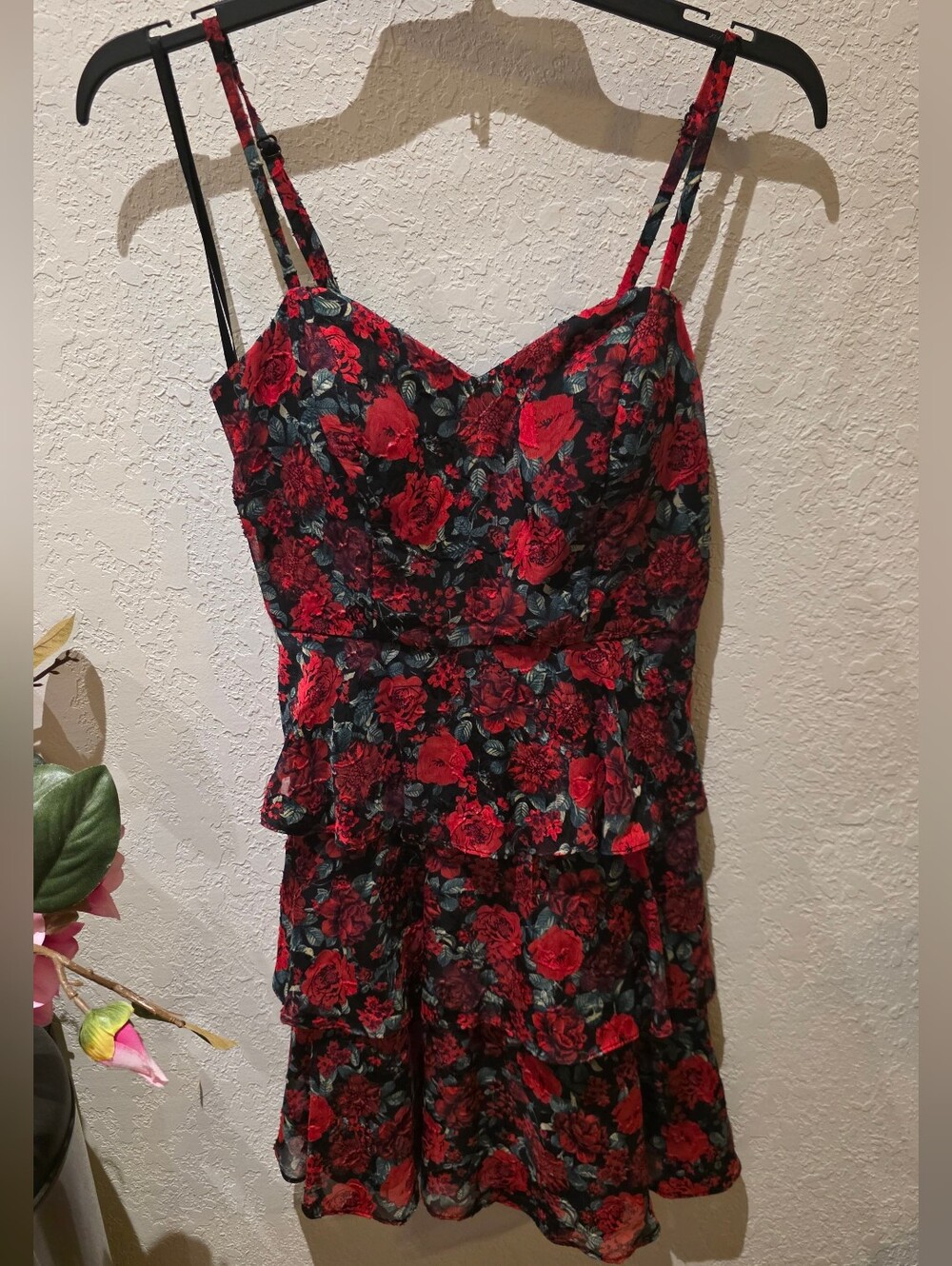by & by Red Rose Print Tiered Mini Dress